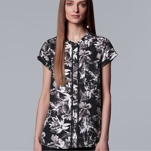 Simply Vera Vera Wang Black & White Floral Print Essential Popover Blouse Medium
